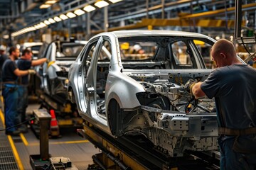 Unfinished silver vehicle on assembly line, a car being built in a factory with workers, Workers in a car assembly line meticulously fitting components together