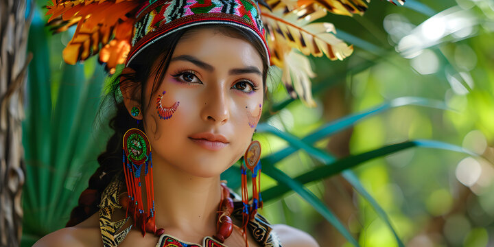 Mujer joven indigena con penacho y vestimenta ind&iacute;gena en la selva 