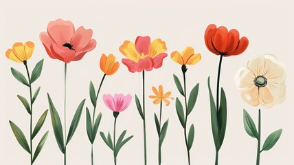 Beautiful illustration of diverse blooming flowers in various colors on a light background, perfect for spring and nature themes.