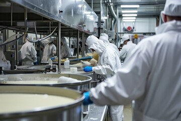 Large stainless steel industrial vats., a group of people in a kitchen preparing food, Workers in a food processing plant