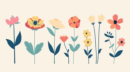 Cute vector illustration of colorful flowers on a beige background, ideal for greeting cards, invitations, and creative projects.