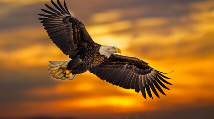 Obraz premium A bald eagle flies against the backdrop of a beautiful sunset. Beautiful eagle with spread wings.