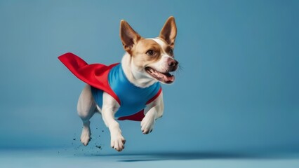 Cute dog in superhero costume with mask and long cape. Copy space at side. Generative AI