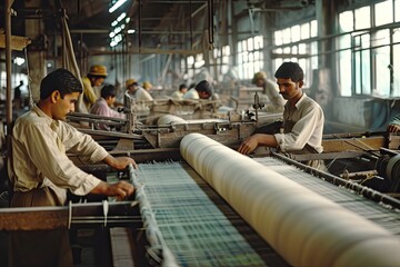 Focused female factory workers, a group of women working on a machine, Workers in a textile mill operating looms