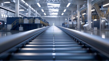Obraz premium Modern factory interior, empty conveyor belt, industrial automation, efficient production line, minimalistic design, photorealistic, surreal, fusion, organized setting