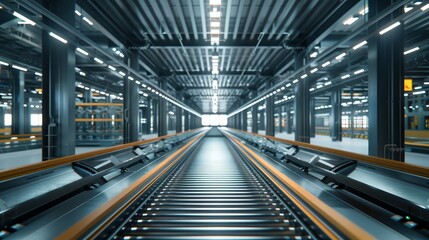 Fototapeta premium Modern factory interior, empty conveyor belt, industrial automation, efficient production line, minimalistic design, photorealistic, surreal, fusion, organized setting