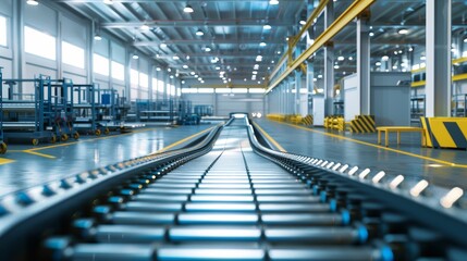 Obraz premium Modern smart factory interior with empty conveyor belt system, efficient production line, industrial automation concept, minimalistic design, photorealistic, vibrant, overlay, clean setting