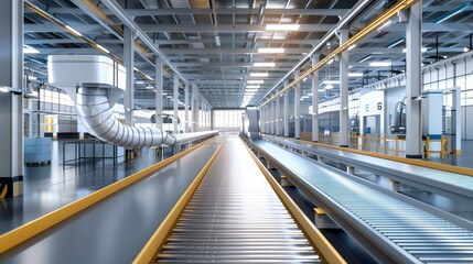 Obraz premium Modern smart factory interior with empty conveyor belt system, efficient production line, industrial automation concept, minimalistic design, photorealistic, vibrant, overlay, clean setting