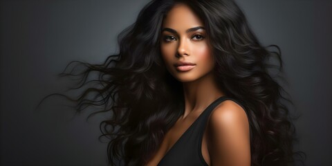 Naklejka premium Stunning Black Woman with Lustrous Long Hair. Concept Beauty Photography, Portrait Art, Hair Care, Black Women Empowerment, Stylish Hair Accessories