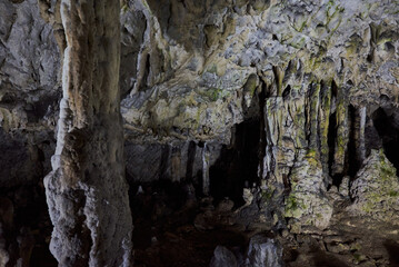 Rock formations and abstract texture on the walls in Muierilor Cave with stalactites and stalagmites