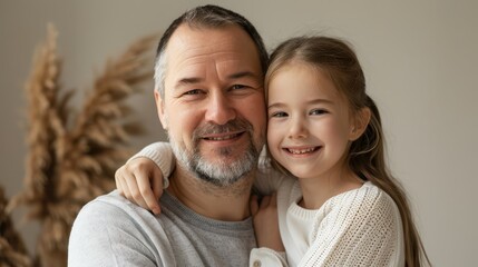 Fototapeta premium Smiling 30s white father and daughter looking at the camera, photorealistic, celebrating Father's Day