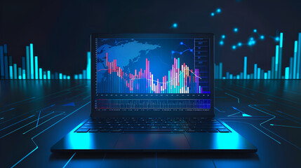 Laptop with stock market chart on screen ,Laptop and smartphone with stock market chart on screen ,Businessman analyzing stock market data on laptop computer