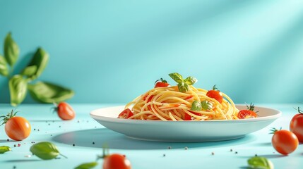 Spring vegetables in pasta primavera, vibrant colors, minimalistic design, photorealistic, whimsical, composite, modern dining table