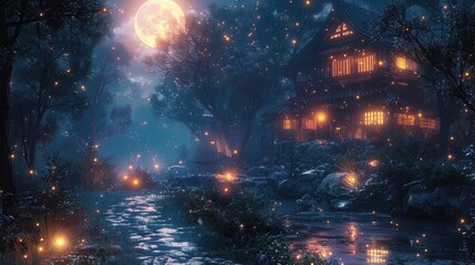 Fototapeta premium A glow with Fireflies and Ethereal Lo-Fi Ambience and Enchanting Moonlit Garden