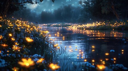 Fototapeta premium Enchanting Moonlit Garden: Aglow with Fireflies and Ethereal Lo-Fi Ambience