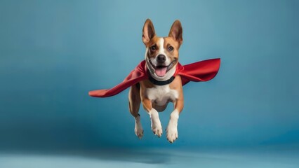 Cute dog in superhero costume with mask and long cape. Copy space at side. Generative AI
