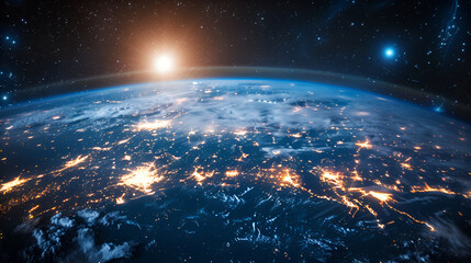 Planet Earth from space showing realistic earth surface and city lights ,Planet Earth globe from space , Glowing city lights, light clouds