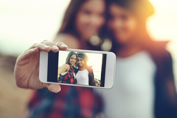 Selfie, phone screen and women at beach for holiday, summer vacation and bonding on weekend....