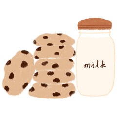 Cute hand drawn brown chocolate cookies and bottle of milk