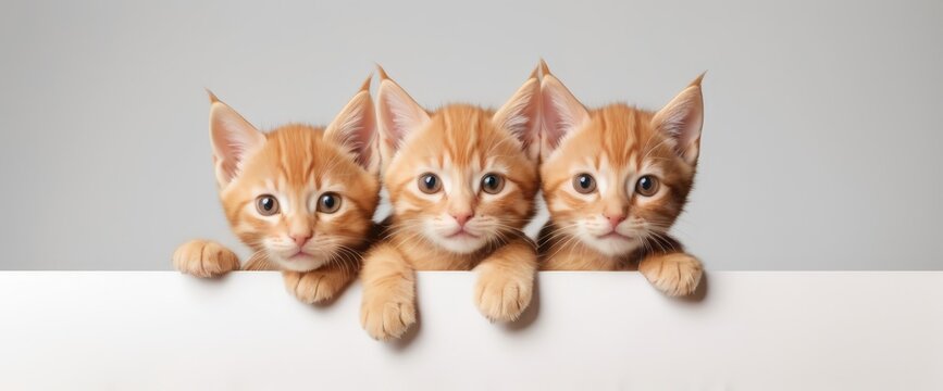 An adorable orange kitten with big eyes peeking curiously over a blank surface. Kitten head with paws up peeking over blank white sign placard. Pet kitten curiously peeking behind white background. 