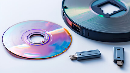 Horizontal close up shot of three CDs and a high capacity USB flash drive on white ,Data storage device ,USB Pen Drive on CDs and DVDs, the innovation