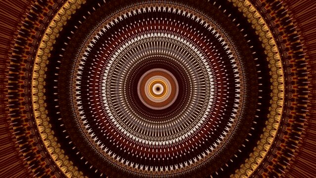 m&aacute;ndala de formas geom&eacute;tricas con cambios de c&iacute;rculos, flores y lineas en movimiento que se mezclan de forma cambiante en colores marrones, amarillos,negros y naranjas