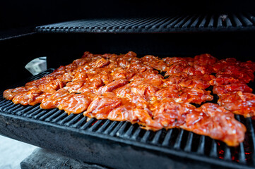 Barbecued chicken meat on a grill with glowing embers.