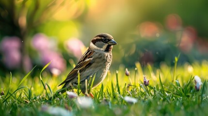 Naklejka premium sparrow on a green grass