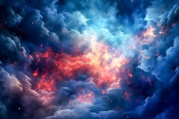 Obraz premium A colorful space scene with blue, red, and yellow clouds.