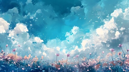 Obraz premium Dreamlike Floral Meadow with Whimsical Clouds in Serene Countryside Landscape