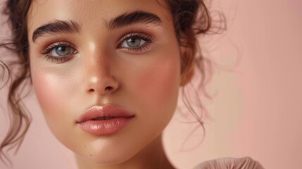 Fototapeta premium Close-Up Portrait of a Woman with Delicate Natural Makeup and Subtle Blush on Peach Background