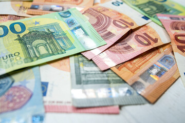Pile of euro paper banknotes as finance background