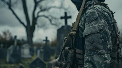 A veteran stands in a cemetery against a background of crosses.