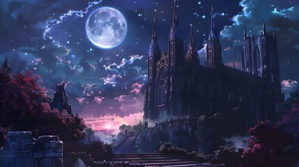 Obraz premium Enchanted Castle Under the Moonlit Starry Sky in a Fantastical Landscape