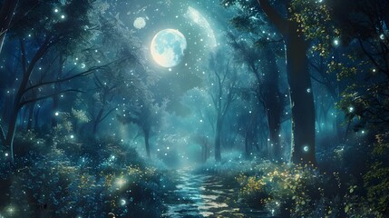 Fototapeta premium Enchanted Nighttime Forest Landscape with Glowing Moon and Stars