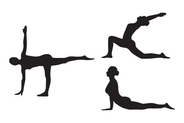 Vector set of black silhouettes of a sporty young woman. Yoga poses highlighted on a white background.