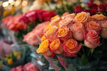 Fototapeta premium A vibrant display of roses in various colors were wrapped and placed on a table at an outdoor flower market.