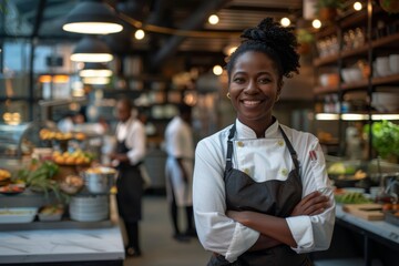 Attractive black female chef standing in her restaurant kitchen, arms crossed and smiling at the camera with food items on shelves behind her.