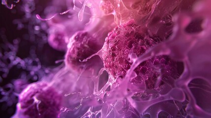 Close-up image of pink cancer cells under a microscope showing detailed structure and texture, representing medical and scientific research.