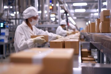Modern Facility Worker Handling Boxes of Genetically Modified Food Products with Precision and Care
