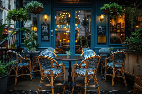 A photo of an outdoor Parisian cafe, tables with black tops and chairs made from bamboo framed covered in blue and white geometric