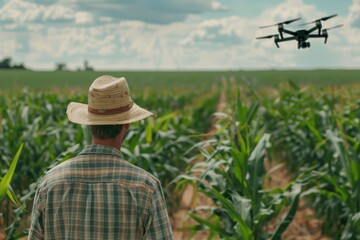 Farmer Using Drone for Monitoring Genetically Modified Crops in Agriculture Field