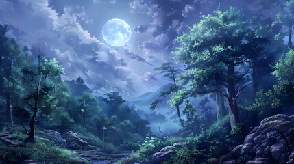 Fototapeta premium Enchanting Moonlit Forest Landscape with Towering Trees and Ethereal Atmosphere