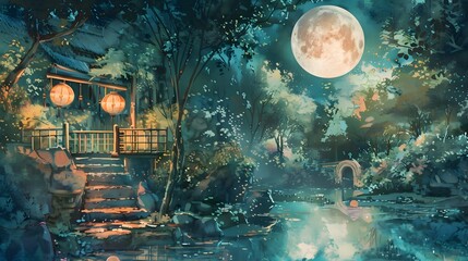 Obraz premium Enchanting Moonlit Lakeside Pathway in Mystical Forest Landscape