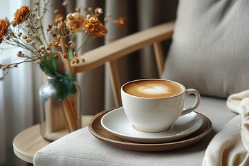 Fototapeta premium A cup of coffee is placed on the grey fabric sofa, shown above