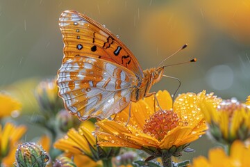 Beautiful image in nature of butterfly on flower. Macro, close up, copy space