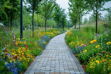A brick walkway with a path of flowers and trees