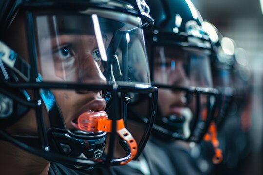 Pre-Game Focus: Athletes in Locker Room Wearing Mouthguards and Helmets for Protection