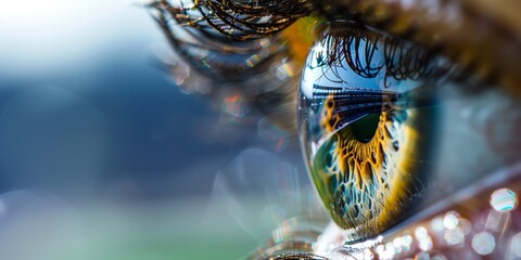 football stadium reflecting in the eye closeup, dreaming about a big sport event as a picture in the iris of one person with enough copy space