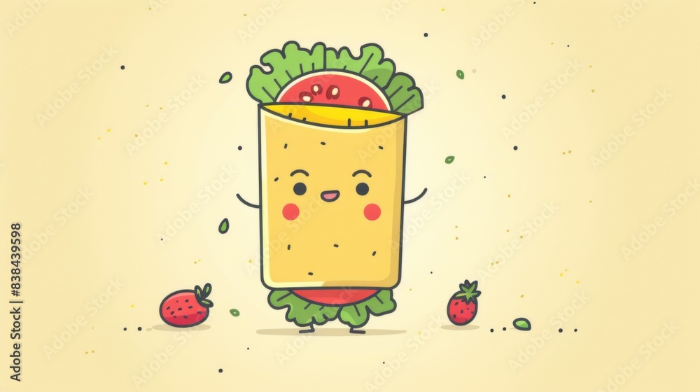 Sticker a cartoon burrito with strawberries and a smiley face, ai